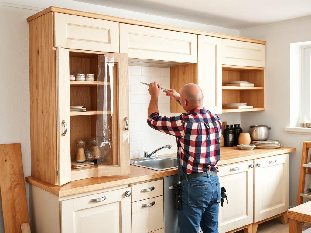 Handwerker montiert Küchenschränke